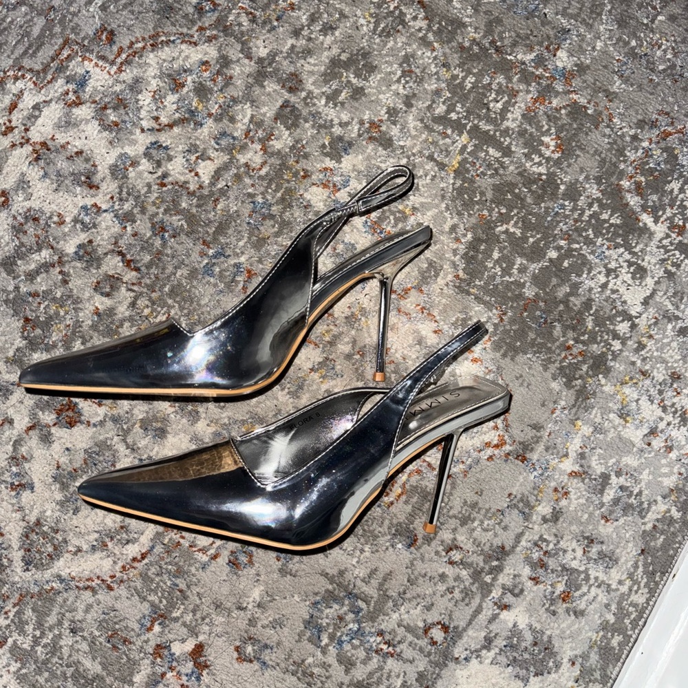 Silver Slingback Stiletto Heels with Pointed Toe